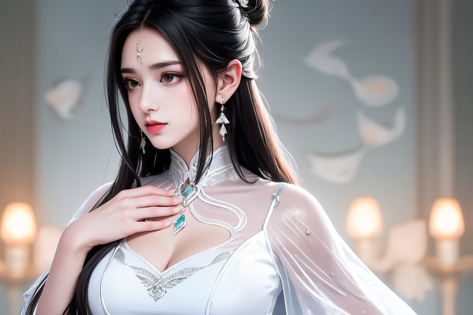 RAW photo,8k uhd,1girl,black hair,hair ornament,dress,jewelry,upper body,earrings,white dress,blurry,blurry background,single hair bun,hand on own chest,catfish bangs,hair down to chest,very long hair,forehead mark,masterpiece,<lora:lbc_luxueqi_240331_v1.1-000009:0.9>,