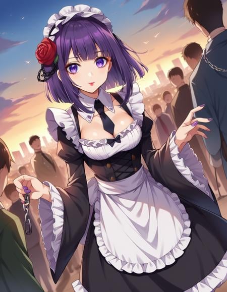 score_9, score_8_up, score_7_up, source_anime, marinkitagawa, <lora:marin-kitagawa-ponyxl-lora-nochekaiser:1>, shizuku kuroe, headdress, maid headdress, bangs, hair ornament, long sleeves, dress, cleavage, purple eyes, purple hair, flower, frills, necktie, hair flower, wide sleeves, blunt bangs, nail polish, black dress, collar, cosplay, makeup, detached collar, rose, chain, frilled dress, lipstick, frilled sleeves, red flower, black necktie, leash, purple nails, chain leash,outdoors, cityscape, people, crowd, street,looking at viewer, cowboy shot, dutch angle, dynamic pose,