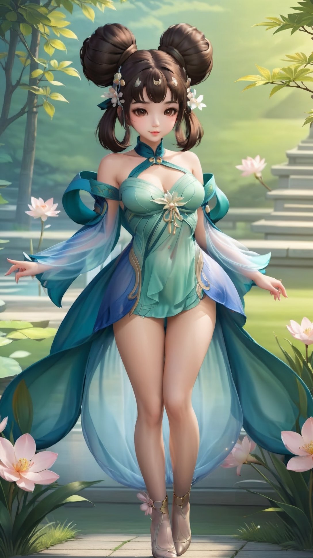 (1girl),smooth chin,masterpiece,detailed face,((hair ornament focus)),top quality,4k,make up,best quality,small breasts,(looking at viewer),chinese clothes,hair BUN,(double bun),full boday,brown hair | blue hair flower,<lora:王者_小乔_青蛇XL_v1.0:0.81>,big hair bun,(legs),puffy pants,(see-through),aged down,dress,(nipples:1.05),pussy,female orgasm,(nude:1.5),pubic tattoo,lift skirt,exposed breasts,exposed pussy,blush,blush body,light green dress,grass,thighhighs,