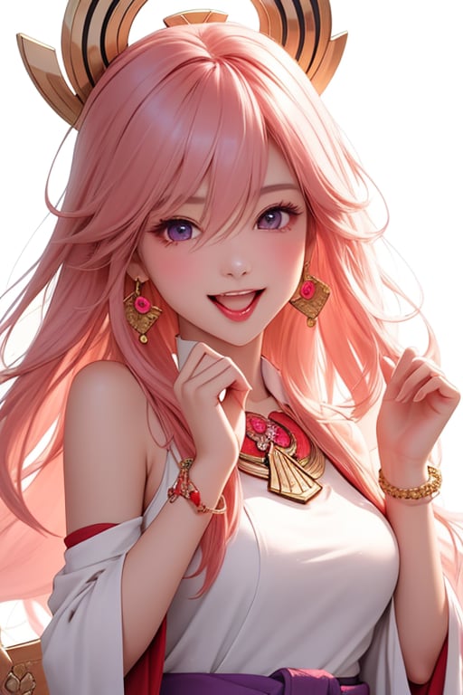 ba shen zi, 1girl, pink hair, solo, animal ears, long hair, blush, fox ears, purple eyes, ..., jewelry, open mouth, upper body, white background, simple background, bracelet, hair between eyes, bangs, bare shoulders, breasts, earrings, hair ornament, hands up, japanese clothes,cheerful demeanor,radiant smile,bright personality,warm-hearted nature,optimistic outlook,vibrant energy,sun-kissed complexion,joyful laughter,free-spirited,carefree attitude,(outgoing nature:1.2),uplifting presence,playful spirit,(positive vibes:1.2),(lively enthusiasm:1.1),(beaming with happiness:1.3),(natural beauty:1.3),(sunshine in her eyes:1.1),(infectious laughter:1.3),<lora:aki-000002:0.5>,