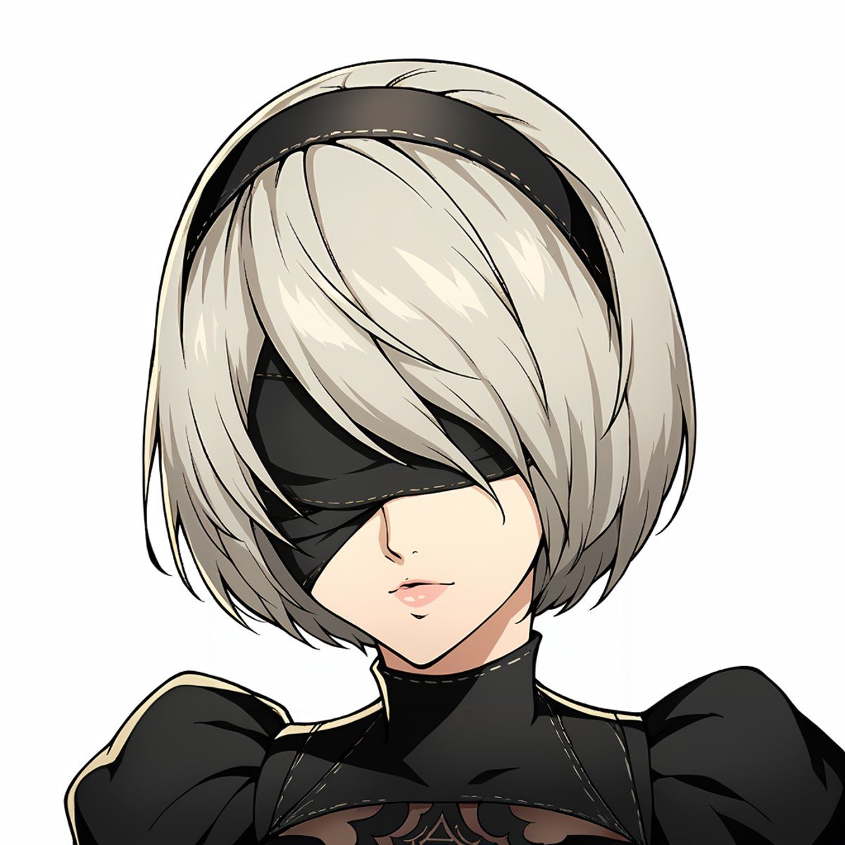 Score_9, score_8_up, score_7_up, source_anime, blindfold, cowboy shot,masterpiece, best quality, upper body, portrait,beautiful, (white background),  BREAK, yorha no. 2 type b, BREAK,  <lora:Persona_5_Portrait_Style_Pony_upscaled:1>, 