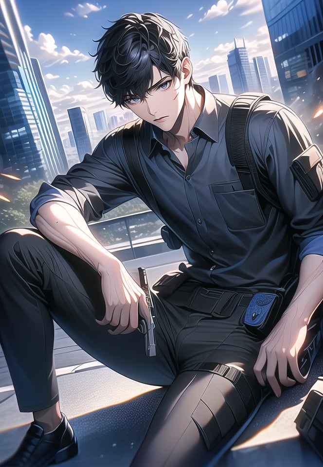 (best quality), ((masterpiece)), (highres), illustration, original, extremely detailed,1boy, weapon, gun, male focus, black hair, blood, solo, shirt, holding weapon, holding, handgun, holding gun, black pants, outdoors, sitting, pants, building, day, short hair, sky, belt, blue shirt, collared shirt, cloud, pouch