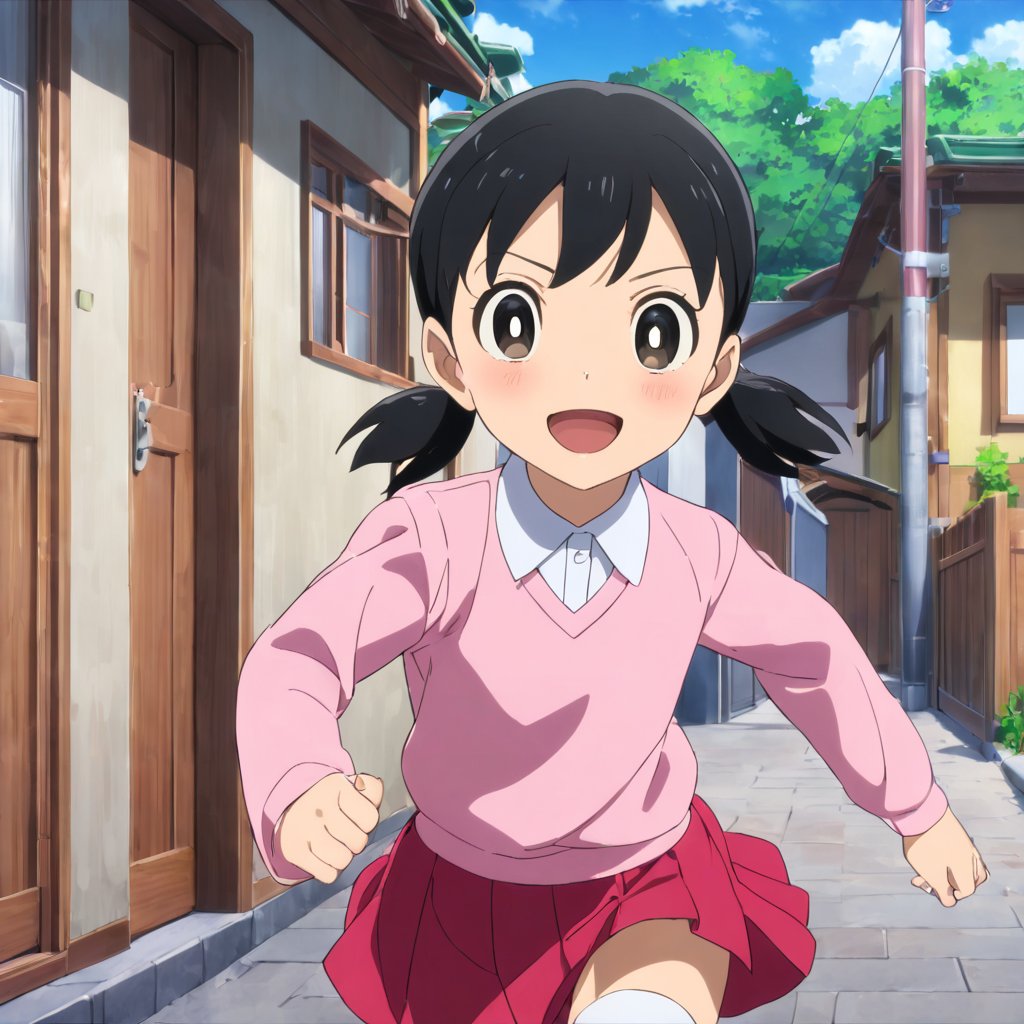 minamoto shizuka,1girl, solo, skirt, outdoors, black hair, socks, white socks, twintails, red skirt, shoes, smile, shirt, open mouth, black eyes, pink shirt, looking at viewer, short twintails, kneehighs, collared shirt, long sleeves, :d, day, bright pupils, white pupils, house, low twintails, short hair, running, yellow footwear, blush, child,masterpiece, perfect face, best quality, beautiful eyes, shiny eyes, anime coloring, anime screencap, absurdres, award winning,<lora:cr9es5le878c73e65k3g:0.8>