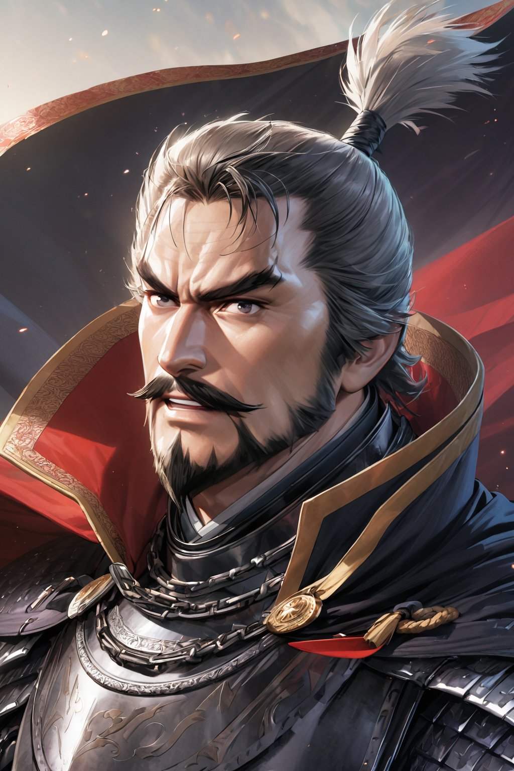 oda nobunaga, samurai, 1man, solo, japanese, male, chonmage, topknot, updo, mantle, samurai armor, old man, black eyes, grey hair,  facial hair, mustache, beard, (masterpiece, 16k, high-quality, breathtaking, highres, ultra detailed), (perfect face) (high-quality, breathtaking, highres, ultra detailed), (expressive eyes, perfect face) <lora:oda nobunaga 2:1>