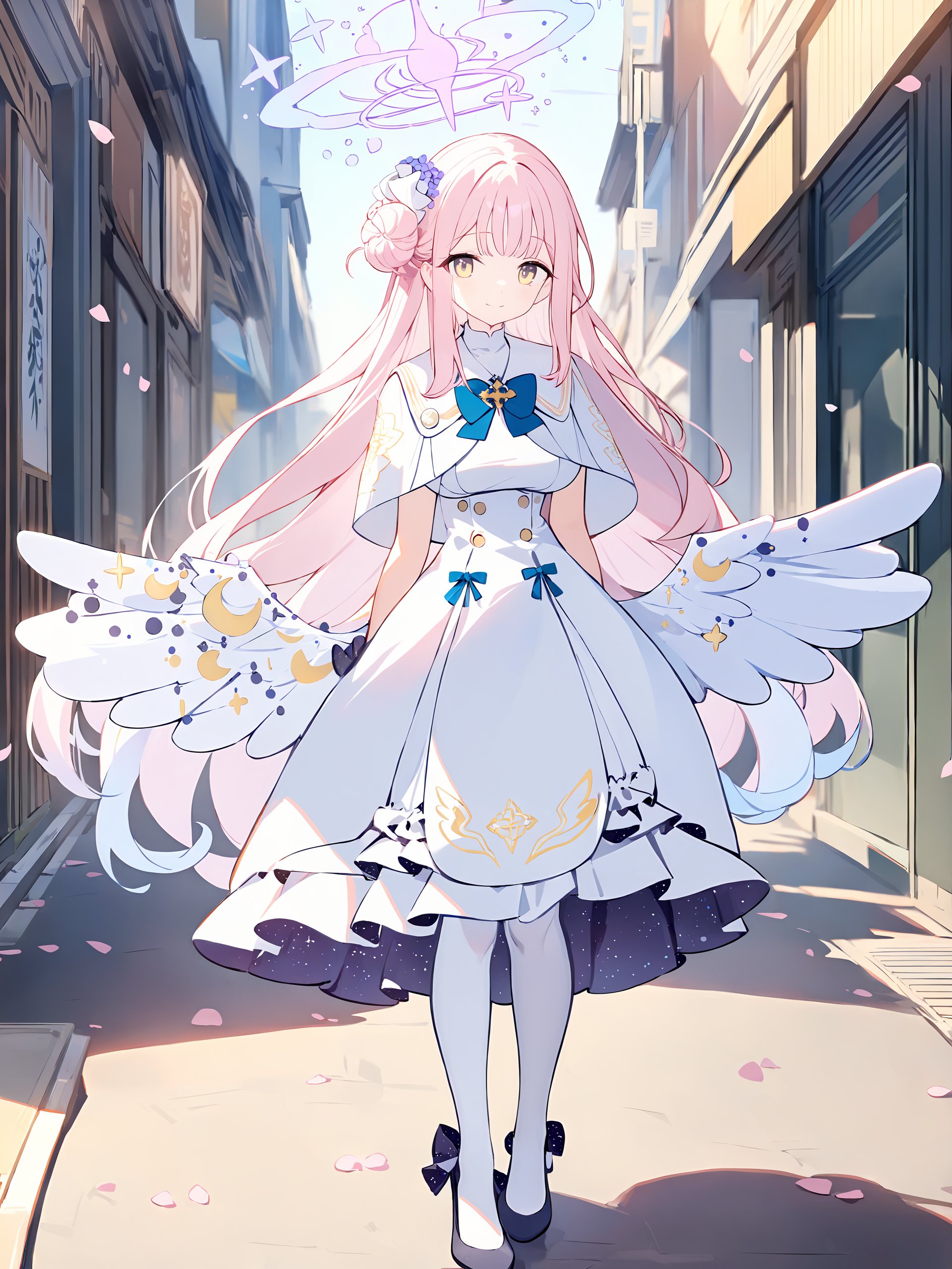 1girl, mika \(blue archive\), solo, halo, wrist scrunchie, low wings, black pumps, hair flower, white dress, single side bun, white pantyhose, capelet, blue bowtie, standing, full body, light smile, looking at viewer, outdoors, street, cherry blossoms, petals, depth of field <lora:Char-BlueArchive-Mika-XL-V1:0.8>, masterpiece, best quality, perfect features, intricate details, ray tracing, very aesthetic, (hitenkei, askzy:0.4)