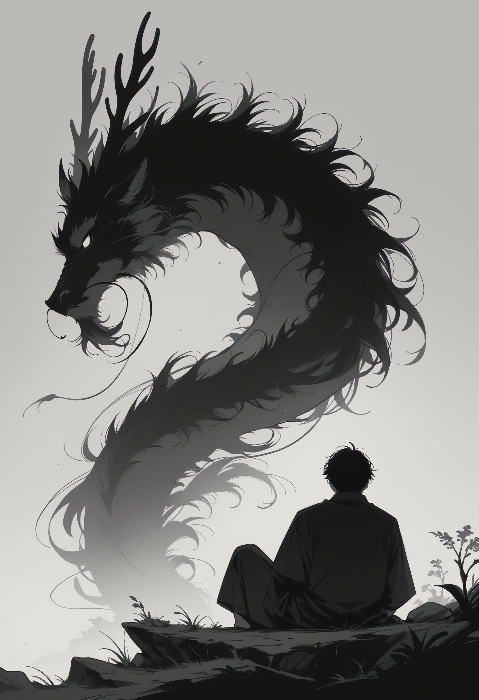 score_9, score_8_up, score_7_up, source_anime, solo, short hair, simple background, 1boy, sitting, monochrome, male focus, greyscale, seiza, facing away, silhouette, eastern dragon, 