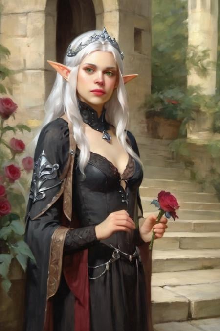 score_9, score_8_up, score_7_up, rating_safe, traditional media, realistic, 1girl, solo, elf, pointy ears, breasts, long hair, very long hair, white hair, green eyes, portrait, looking at viewer, black dress, tiara, silver tiara, holding, holding flower, rose, red rose, necklace, jewelry, cowboy shot, standing, outdoors, castle <lora:Oil Painting Style XL:1>