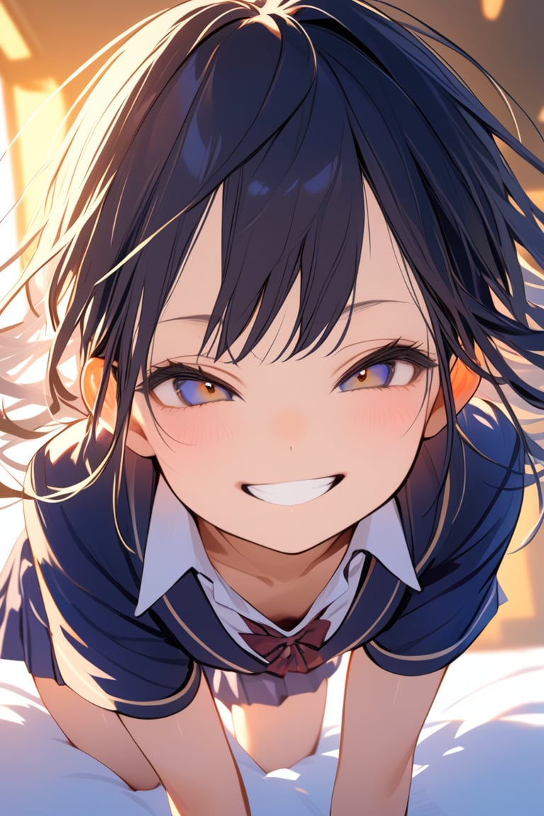 Masterpiece, 4K, ultra-realistic, Japanese child girl, 10yo, petite, skinny, medium breast, navy colored school uniform, lying down on the bed, ideal ratio body proportions, legs from below, bright smile, subtle panty-shot from below, showcasing an evil grin with a hint of mischief in her eyes, warm lighting, soft focus on the background, accentuating her youthful features and vibrant school uniform.