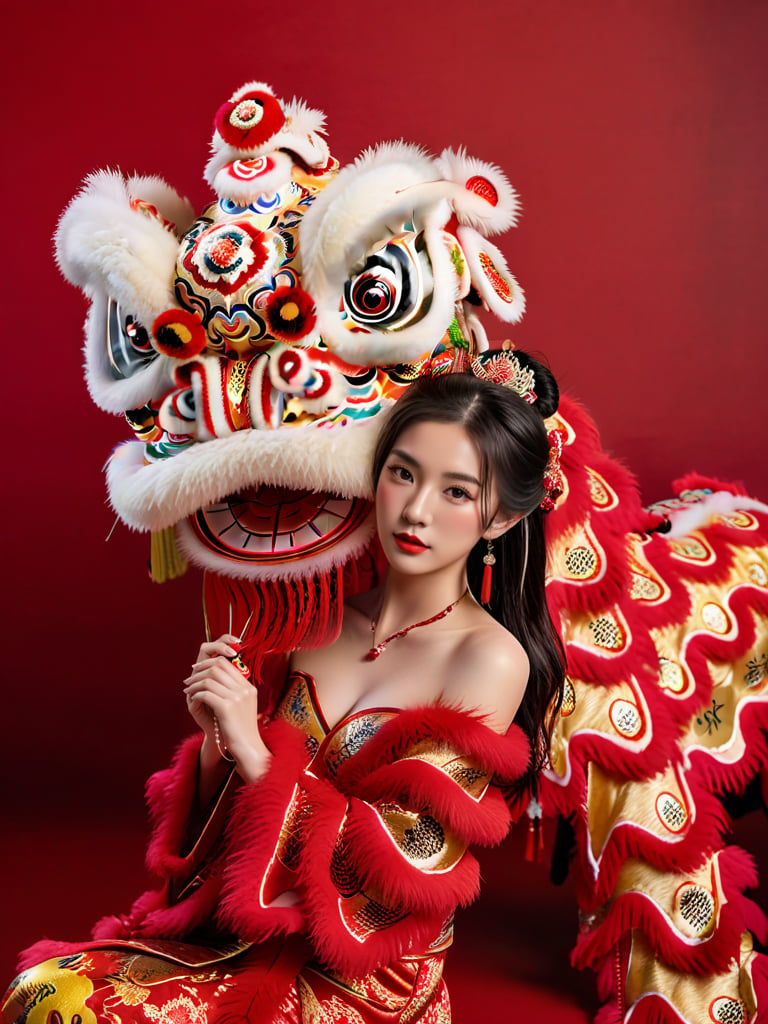 1girl with a big lion head,  bare shoulders, black hair, breasts, brown eyes, Chinese clothes, cleavage, eyelashes, ((indoor)), hair ornament, jewelry, lips, lipstick, looking at the viewer, makeup, medium breasts, realistic, red lips, shawl, ((full body)), (Lion Dance:1.5), red background, studio <lora:Lion Dance:0.65>