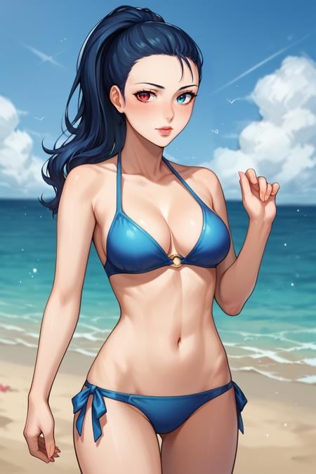 score_9, score_8_up, score_7_up, score_6_up, score_5_up, score_4_up, rating_questionable, , source_anime, digital illustration, pixiv, fanbox, uncensored, , BREAK, official art,1girl, solo, female, bikini, beach, ocean,,,  outdoors, blush, cowboy shot, looking at viewer,  <lora:Everlasting_Summer_Viola:0.7>, viola, ponytail hair, heterochromia eyes, left eye red, blue eye blue, 1girl, solo, blue eyes, heterochromia, ponytail, blue hair, red eyes, black hair, blush, lips