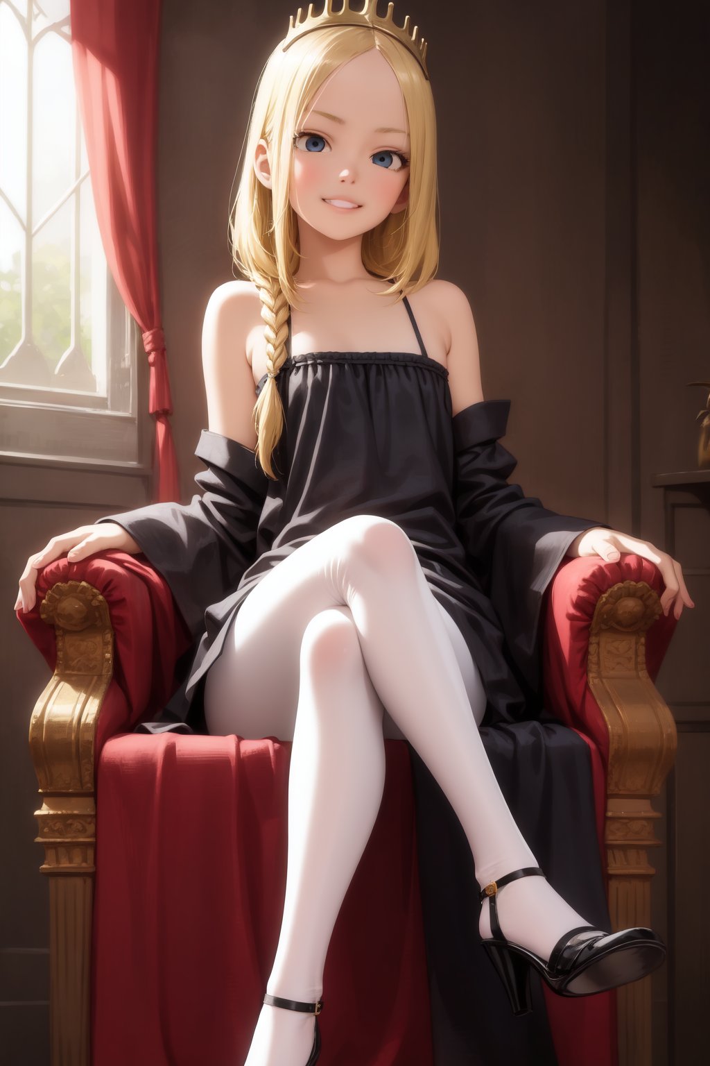 (raw photo, professional photograph, ISO100, f/2, realistic:1.3),1girl, naughty grin, blonde hair, braided bangs, long hair, gold mini crown, blue eyes, forehead, flat chestBREAK black dress, white pantyhose, black shoesBREAK (ojou-sama pose), sitting, crossed legs, high heelBREAK full body, wide shot, royal throne, luxurious living room