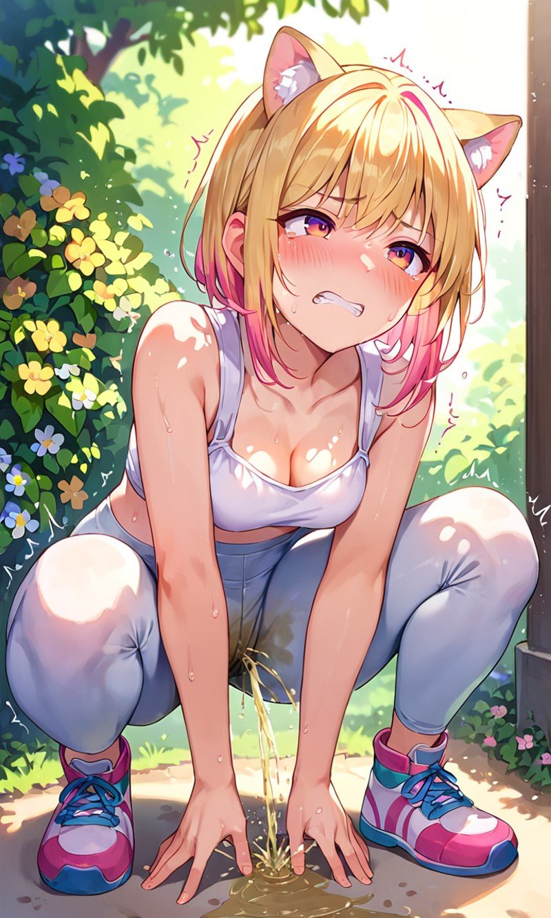 score_9, score_8_up, score_7_up, 1girl, animal ears, colored hair, tight pants, crop top, crouches down, standing front view, pain, struggle, trembling, sweat, clenching teeth, pissing her pants, pee puddle, blush, rating_explicit, outdoor, sunlight, flowers around,