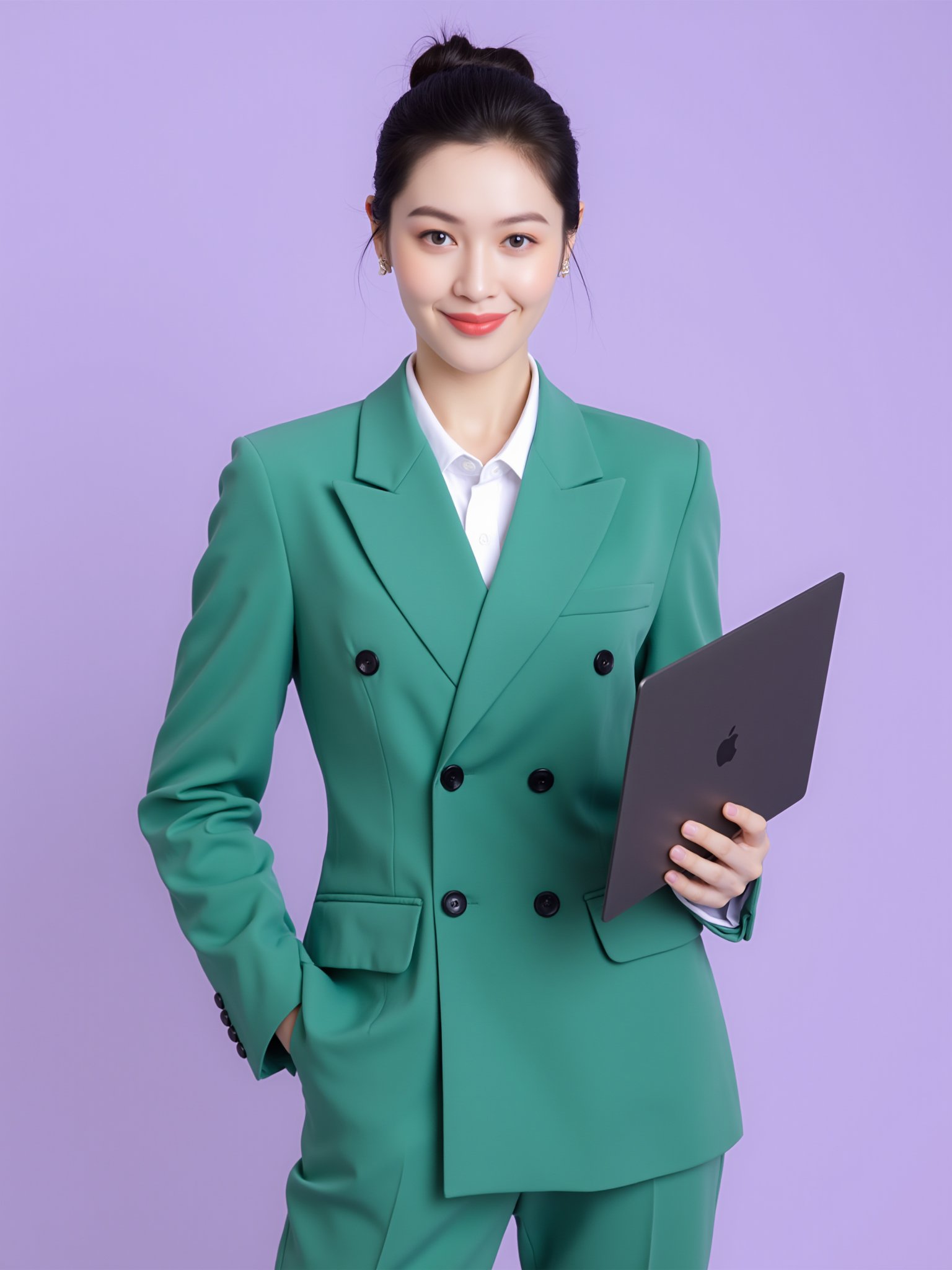 tianhai girl, photograph, woman in a green double-breasted blazer and matching pants, holding a black apple laptop, standing against a light purple background, smiling, hair in a bun, casual and relaxed pose, modern and stylish appearance. <lora:光影人像v2.0:0.8>