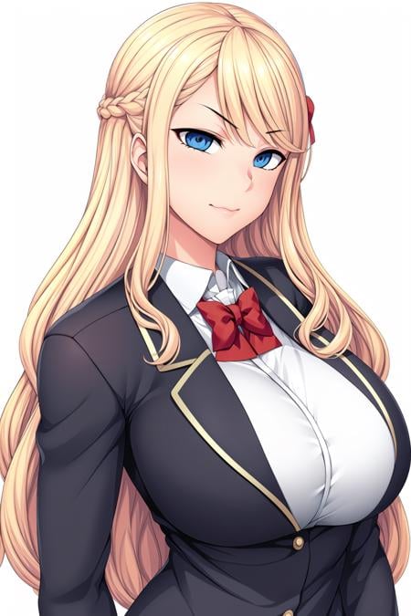 Simple White Background,dynamic pose,standing at attention,school_uniform,Blue_jacket,red_bowtie, pleated_skirt,thighhighs,black legwear,long sleeves, <lora:SaiminSeishidou_Lesson_Style-KK77-V1:0.7>,Blue eyes, blonde hair,bangs,Long hair,braid, hair ornament, <lora:Oda_Non_Style-KK77-V2:0.3>,<lora:more_details:0.1>,1 girl, 20yo,Young female,Beautiful long legs,Beautiful body,Beautiful Nose,Beautiful character design, perfect eyes, perfect face,expressive eyes,perfect balance,looking at viewer,(Focus on her face),closed mouth, (innocent_big_eyes:1.0),(Light_Smile:0.3),official art,extremely detailed CG unity 8k wallpaper, perfect lighting,Colorful, Bright_Front_face_Lighting,White skin,(masterpiece:1.0),(best_quality:1.0), ultra high res,4K,ultra-detailed,photography, 8K, HDR, highres, absurdres:1.2, Kodak portra 400, film grain, blurry background, bokeh:1.2, lens flare, (vibrant_color:1.2),professional photograph,(Beautiful,large_Breasts:1.4), (beautiful_face:1.5),(narrow_waist), 