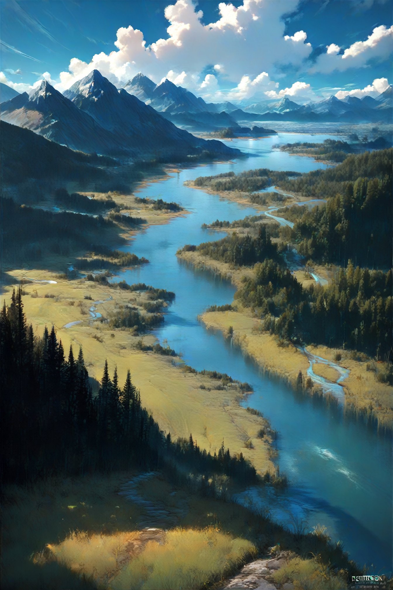 landscape,2023,mountain,sky,cloud,rand,grass,river,lake,from above,(score_9,score_8_up,score_7_up), rating_explicit, best quality, masterpiece, 2k,,<lora:DetailedEyes_V3:0.8>