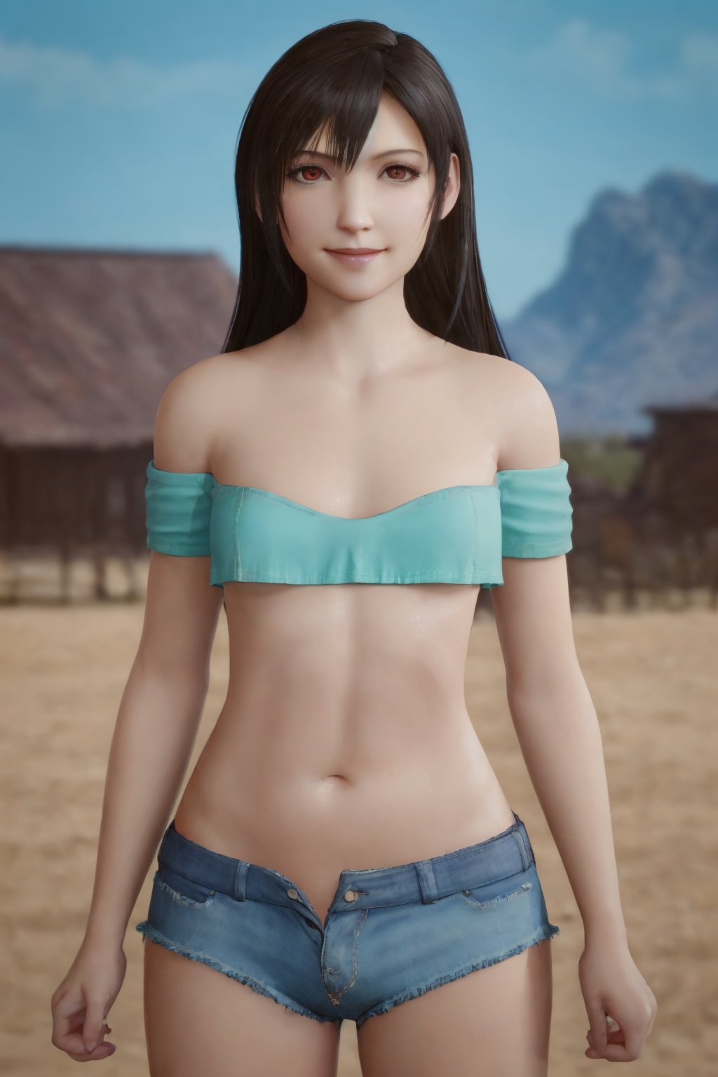 best quality, masterpiece, highres, detailed eyes, detailed face,ultra detailed, (cowboy shot:1.2), day, outdoors, solo focus,tifa1, solo, looking at viewer, realistic, standing, little smile, crop top, blue shorts, bare shoulder, strapless, <lora:tifa in flashback v2-000009:0.8>