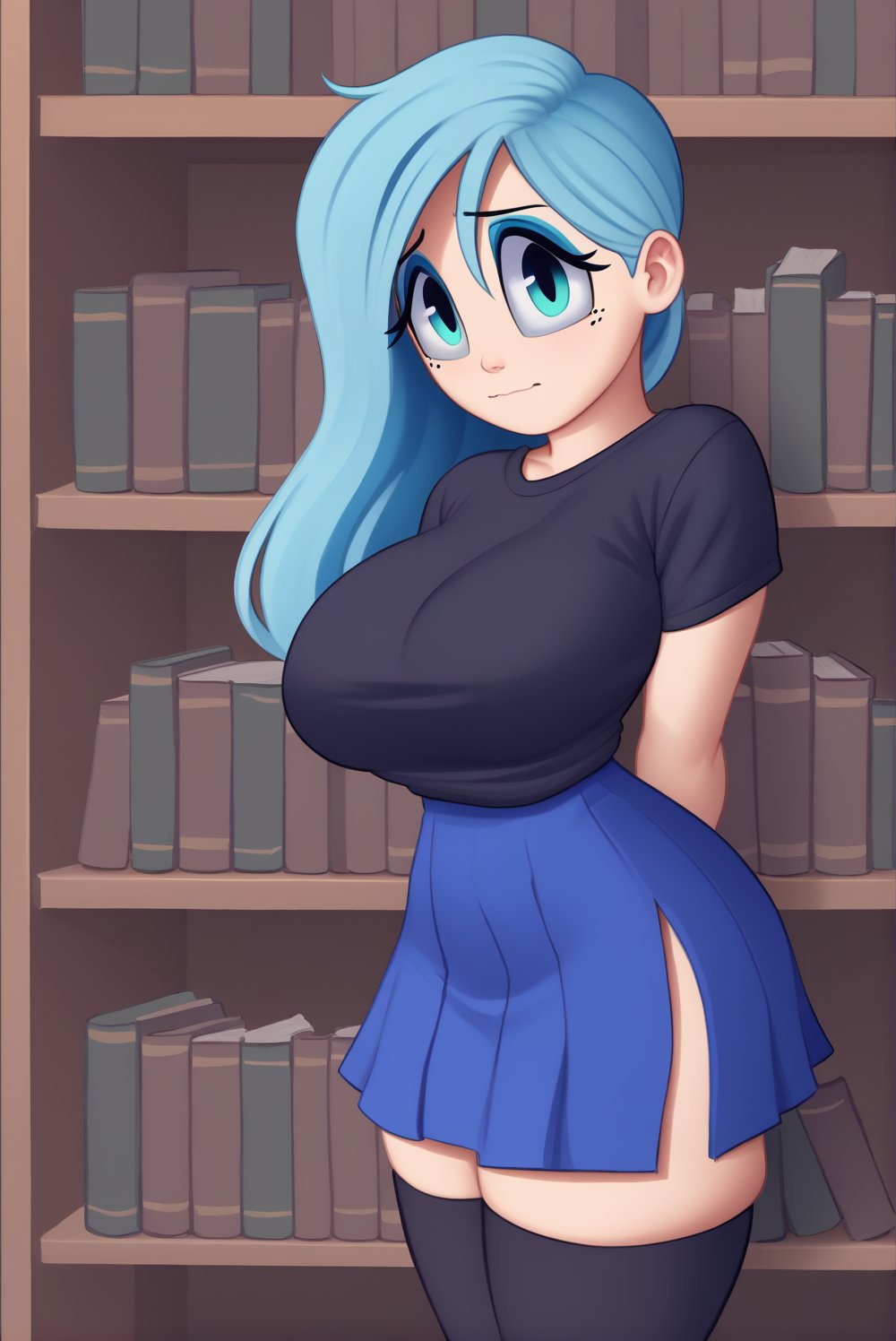 Score_9, Score_8_up, score_7_up, score_6_up, 1girl, solo, looking at viewer, light smile, shy, 2cassette2, black t-shirt, plain shirt, large breasts, mole under eye, blue hair, aqua eyes, eyeshadow, blue skirt, black thighhighs, library, bookshelf, books, arms behind back, long hair<lora:EMS-373768-EMS:1.000000>