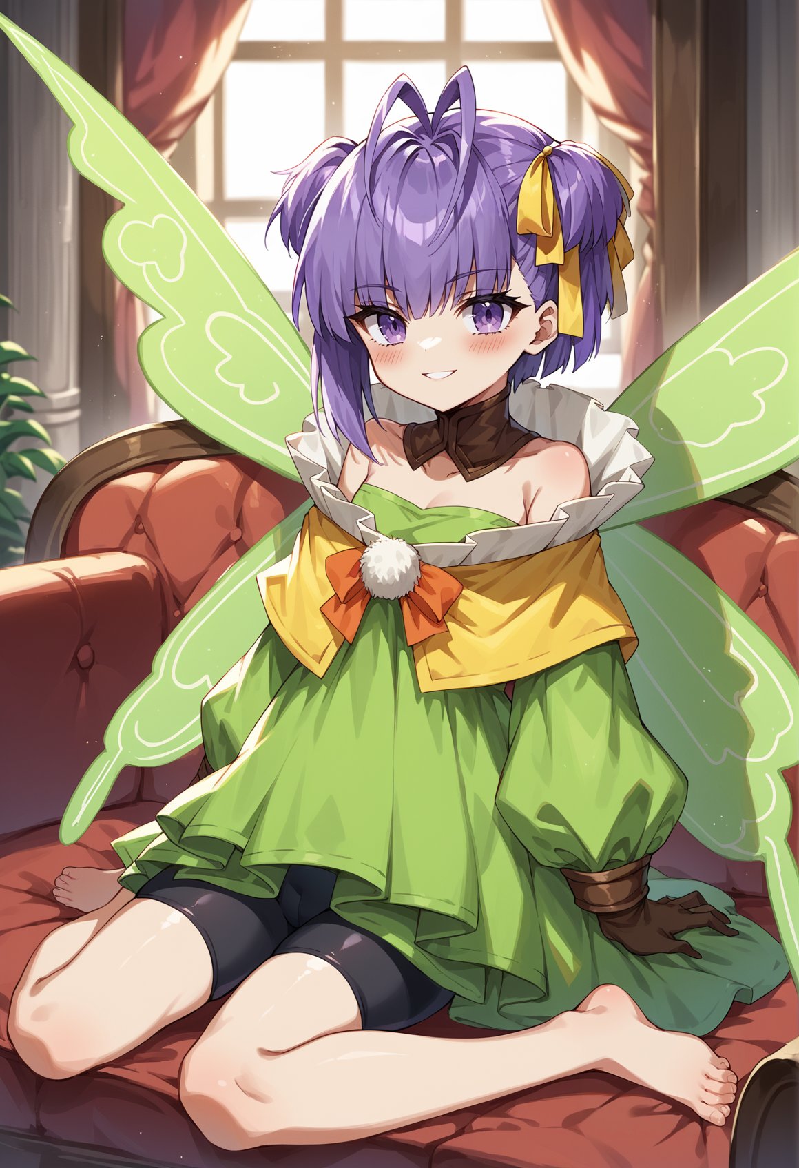 1girl, short hair, purple hair, antenna hair, twintails, single sidelock, yellow ribbon, purple eyes, detached collar, green dress, frills, bare shoulders, bike shorts, gloves, barefoot, fairy wings, evil smile, blushing, sitting, indoors, couch, mansion, head on knee  <lora:Muryan:1>, score_9, score_8_up, score_7_up, score_6_up, score_5_up, score_4_up, BREAK source_anime, masterpiece