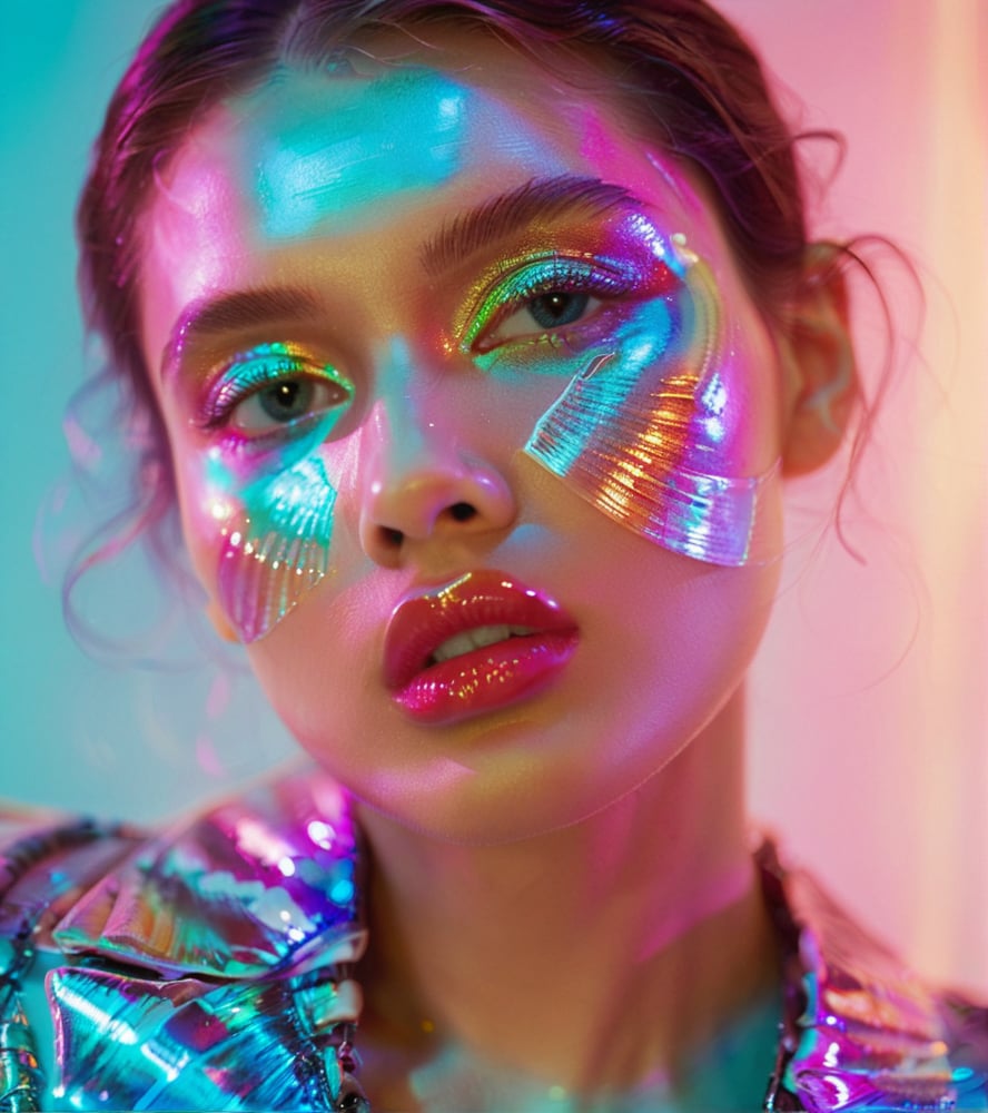 <lora:贝壳色彩-000004:0.6>,Shell rainbow color,female,model,close-up,neon lights,portrait,hd image,teal and pink background,shiny textures,glowing effect,beauty shot,modern,creative composition,high cheekbones,expressive eyes,glossy lips,metallic highlight,delicate features,blurred lens,