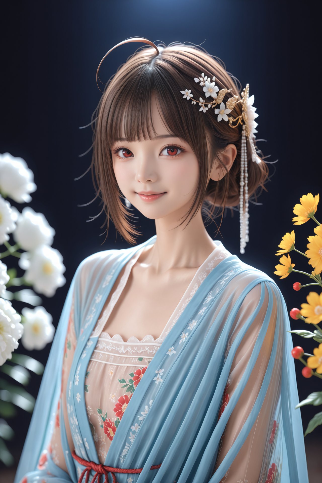 (masterpiece),(best quality),illustration,ultra detailed,hdr,Depth of field,(colorful),night,1girl,solo,red eyes,looking at viewer,hair ornament,short hair,upper body,brown hair,blurry,ahoge,bangs,see-through,depth of field,hanfu,smile,floral print,closed mouth,