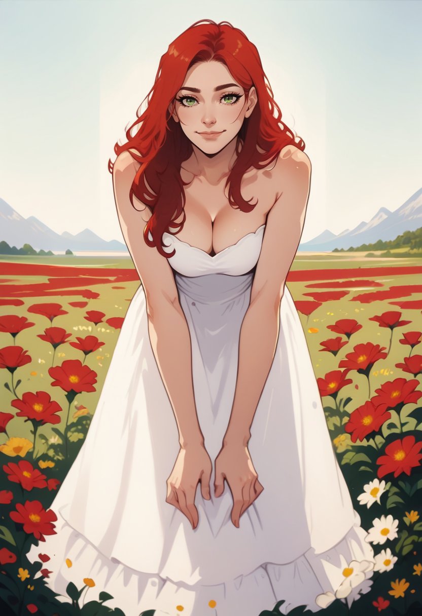 score_8_up,beautiful meadow, peaceful, 1girl in strapless sundress,  cleavage, standing, red hair, long hair, green eyes, cinematic, leaning forward, seductive smile  <lora:NoctFlatStyleV3:1>