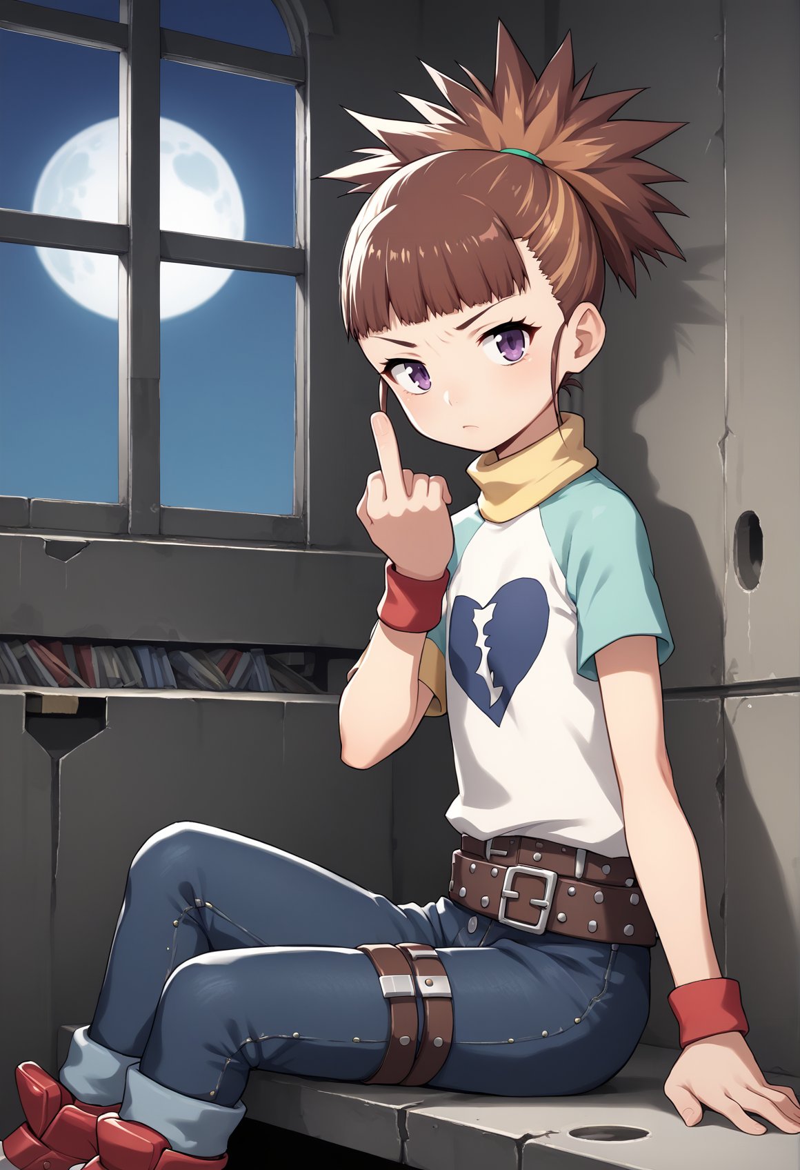 1girl, solo, rika, Two-Tone Hair, multicolored hair, medium hair, short hair, brown hair, purple eyes, ponytail, wristband, Two-Tone Shirt, t-shirt, heart print, turtleneck, belt, jeans, Thigh Strap, red footwear, indoors, abandoned factory, sitting, window, bight, night sky, moon, looking at viewer, from side, middle finger <lora:RukiJuri:1>, score_9, score_8_up, score_7_up, score_6_up, score_5_up, score_4_up, BREAK source_anime, masterpiece