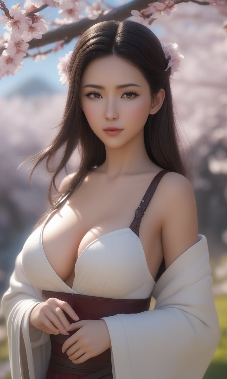 (,1girl, pov,best quality, )masterpiece, fantasy, realistic,science fiction,mole, ultra realistic 8k cg, ,tamari \(flawless\),  cleavage,large breasts,outdoors, sun,sunlight, cherry blossoms,      ((()))