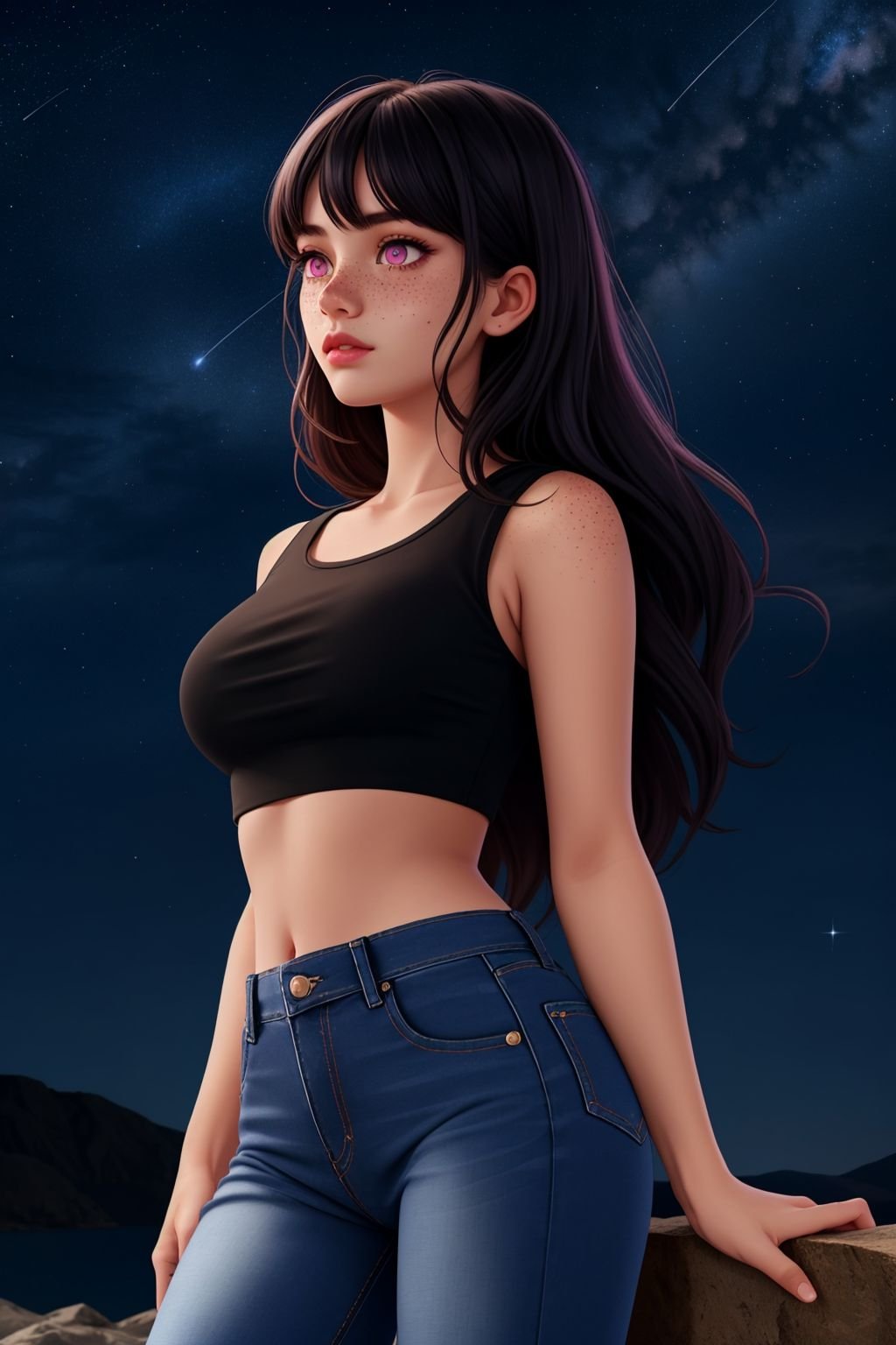 1 girl, solo, beautiful, female, adult  woman, freckles, pink eyes, black textured hair,Cropped flare jeans, crop top, mulesA dreamy, starlit night sky backdropbeautiful, detailed, best quality, high resolution, masterpiece, 8k