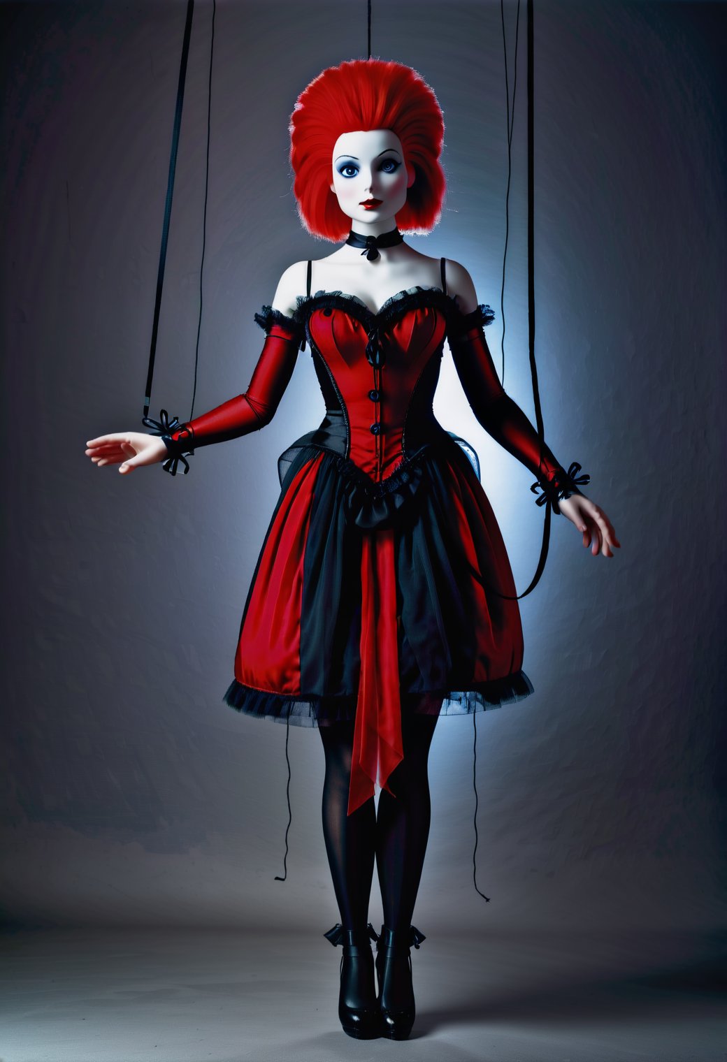 marionetka, a puppet in a red and black dress, holding a string, hdr, dslr, 16k UHD, detailed, 