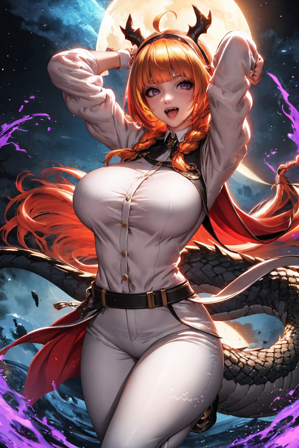 (masterpiece, best quality:1.2), <lora:liangxing:1>, liangxing, 1girl, breasts, virtual youtuber, orange hair, horns, streaked hair, solo, tail, multicolored hair, dragon horns, ahoge, long hair, dragon girl, bangs, dragon tail, open mouth, blonde hair, star \(symbol\), blunt bangs, red eyes, braid, looking at viewer, pants, long sleeves, bouncing breasts, huge breasts, smile, white pants, horn ornament, alternate costume, purple eyes, fang, arms up, hairband, single braid, very long hair, scales, buttons
