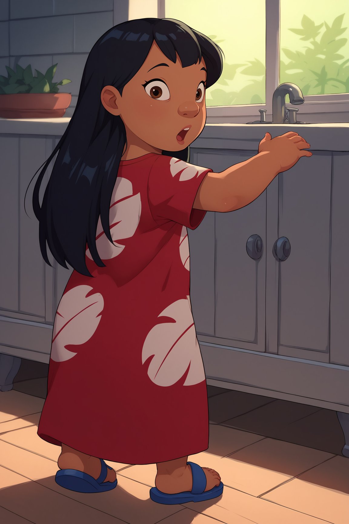 score_9, score_8_up, score_7_up, score_6_up, BREAK, LiloLSXL, child, dark skin, brown eyes, black hair, long hair, bangs, flat chest, red dress, short sleeves, blue sandals, solo, standing, from behind, surprised, looking at viewer, indoors <lora:LiloLSXL:0.8>