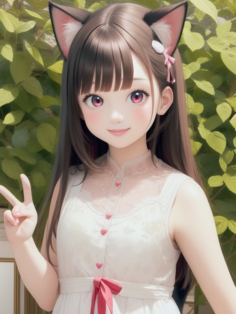 (masterpiece), (best quality), photo realistic, (extremely detailed), (1girl), solo, (pretty cute girl), looking at viewer, smile, slender, evenly sized eyes, extremely detailed eyes, upper body, outdoors, extremely detailed wallpaper, (completely detailed features), 16k, pink eyes, pink hair, cat girl, black animal ears, black tail, looking at viewer, smile, peace sign, pink kawaii room, heart item, red ribbon, pink and white dress, standing, indoors, fluffy<lora:EMS-459915-EMS:1.100000>