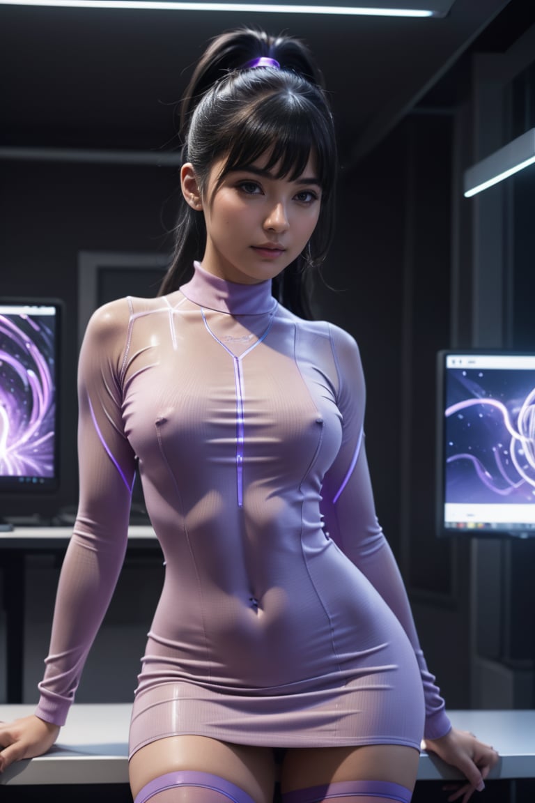 (ultra realistic,32k, masterpiece:1.2),(high detailed skin:1.1),( 8k uhd, dslr, high quality:1.1), 1girl,black hair, ponytail hair,bangs,(light purple long slevees, pullover dress, (pantyhose:1.2):1.1), (looking at viewer, Bend forward:1.1), ,(glowwave:1.1),transhumanist utopia, merged biological and technological advancements, post-human existence <lora:SH_ModelV2:0.6>