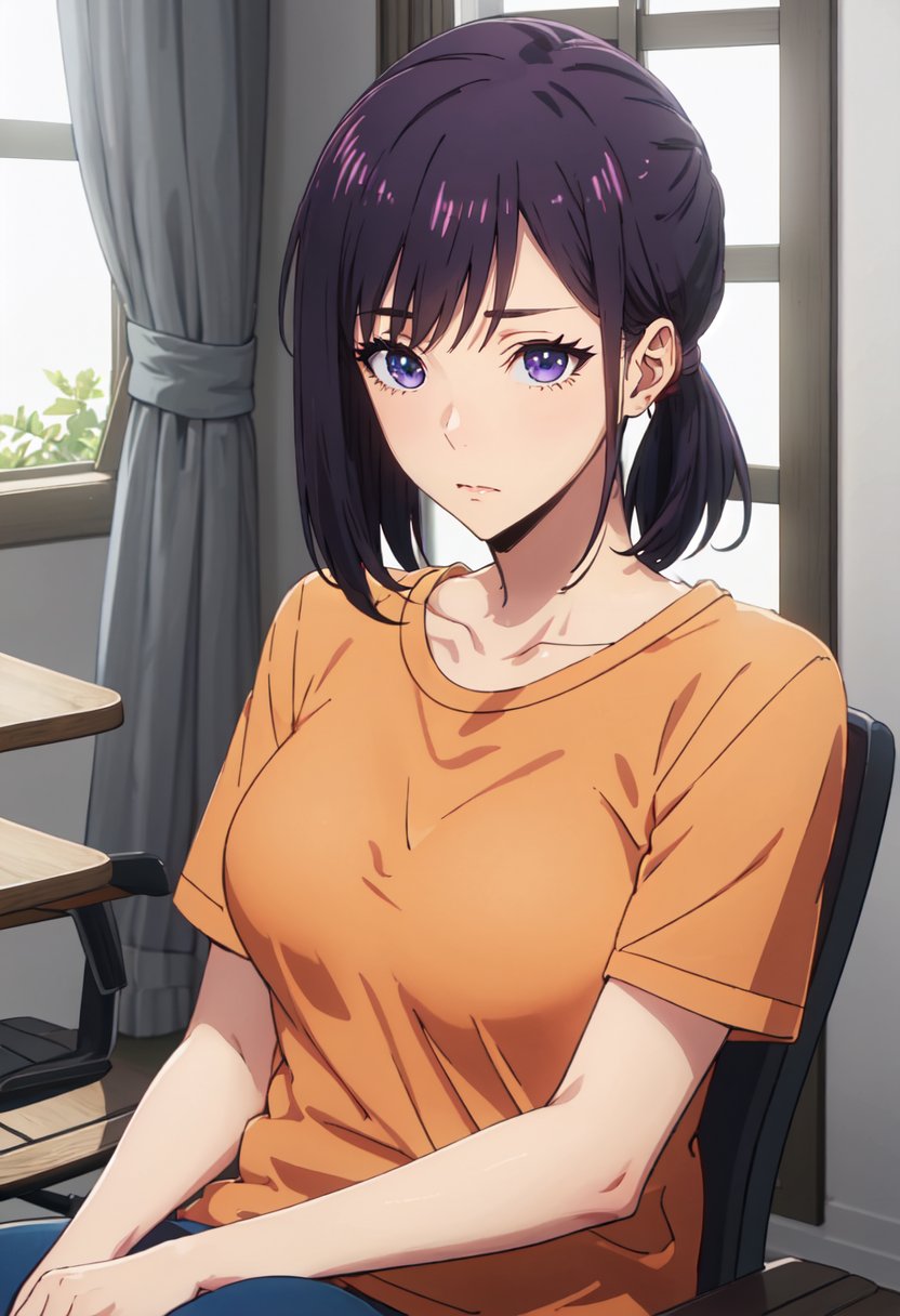 best quality, masterpiece, highres, solo, (sung_jin_ah_sololeveling:1.10), 1girl, collarbone, short sleeves, black hair, closed mouth, indoors, orange shirt, t-shirt, upper body, window, breasts, chair, sitting, anime_style, 3 <lora:sung_jin_ah_sololeveling:0.80>