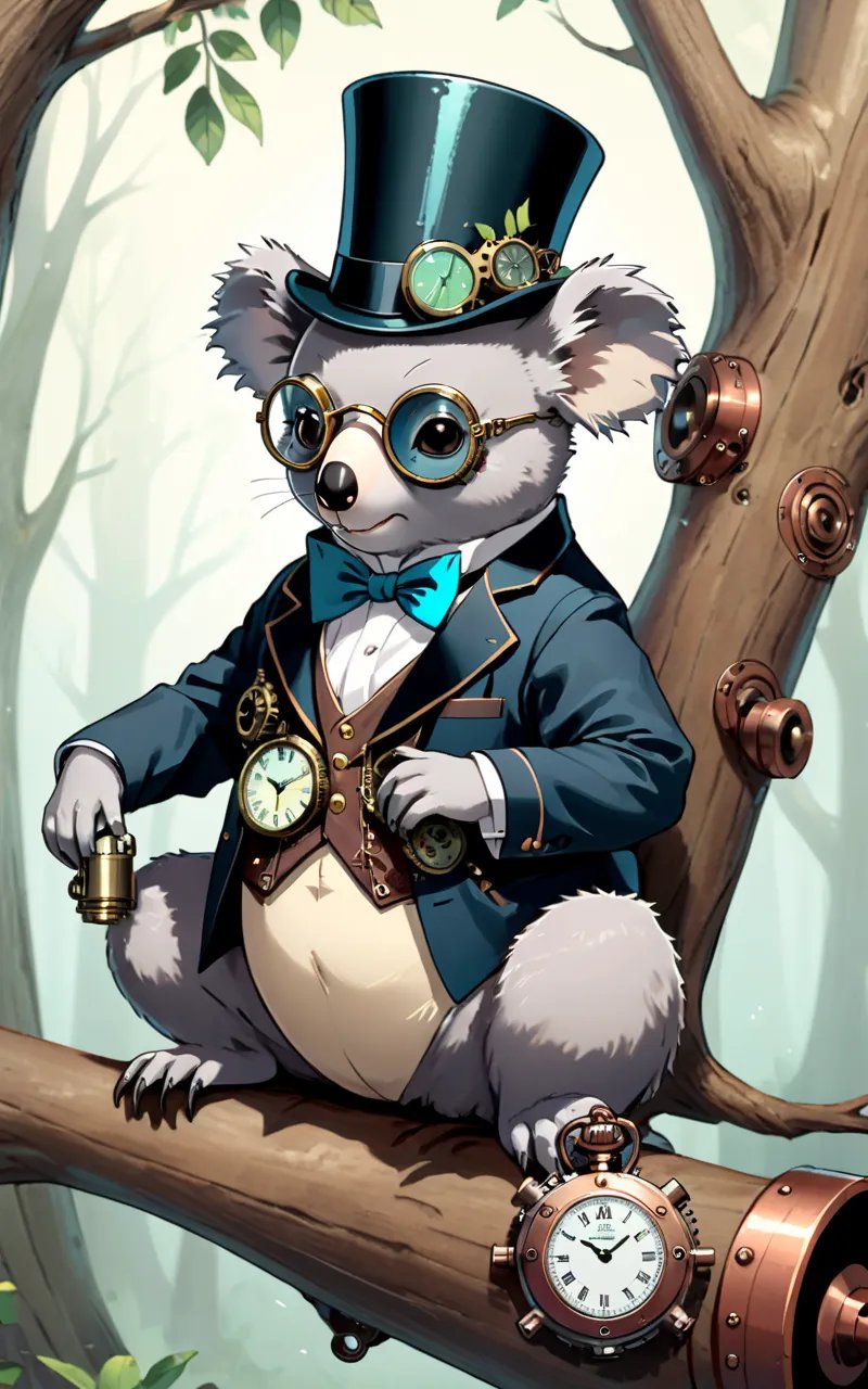 Illustration of a steampunk koala wearing a top hat and goggles, holding a vintage pocket watch while sitting on a gear-shaped tree branch amidst a mechanical forest, with copper and brass accents throughout the image. 