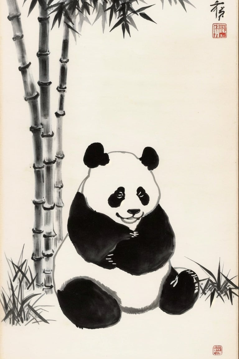 ((HRD, HUD, 8K)),((masterpiece, best quality)), highly detailed, soft light,InkAndWash, bamboo, no humans, panda, traditional media, monochrome, simple background, plant,  <lora:20240415-1713175931242:0.8>