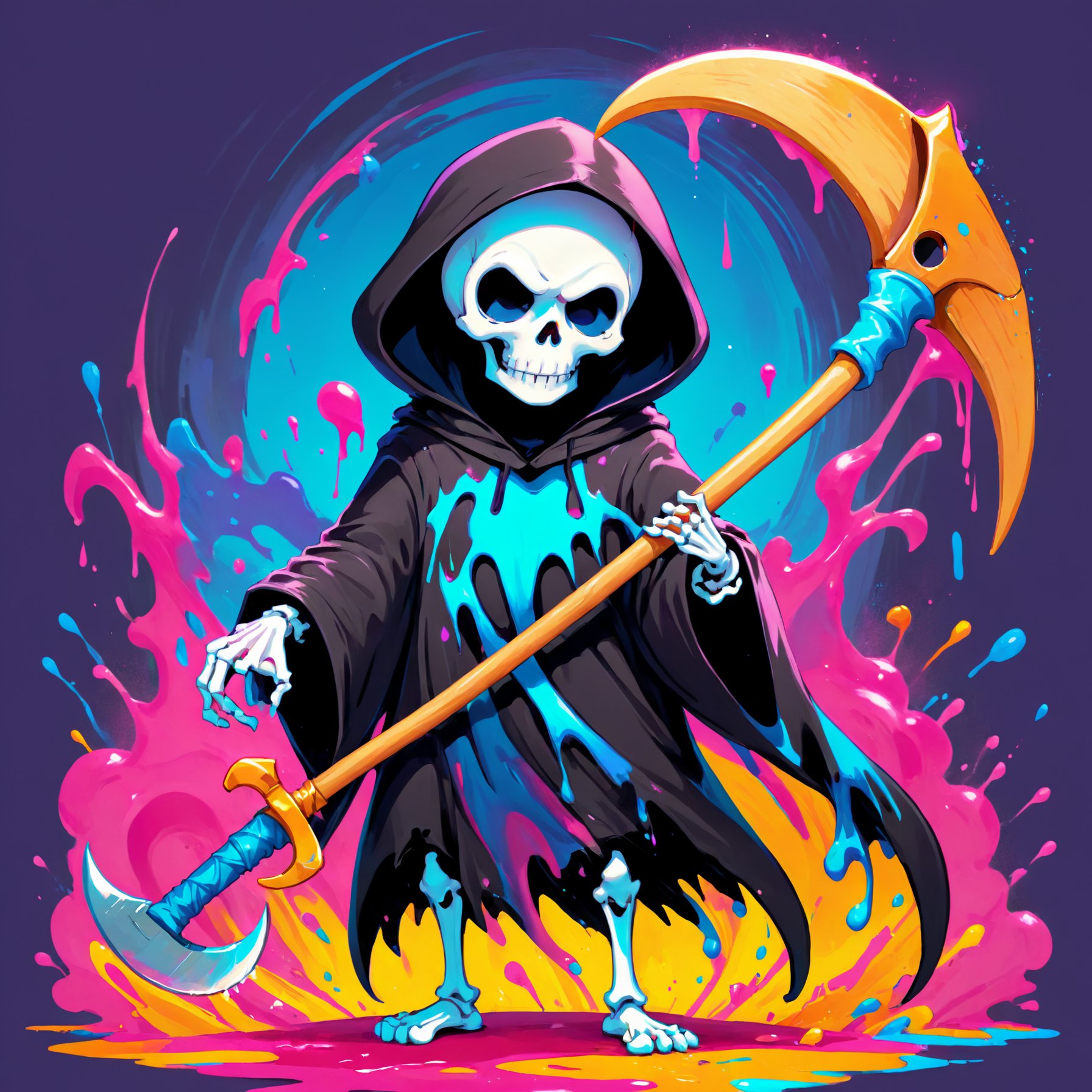 Illustration of an adorable, cuddly Grim Reaper with a cute skeleton, holding a scythe and surrounded by vibrant splashes of color