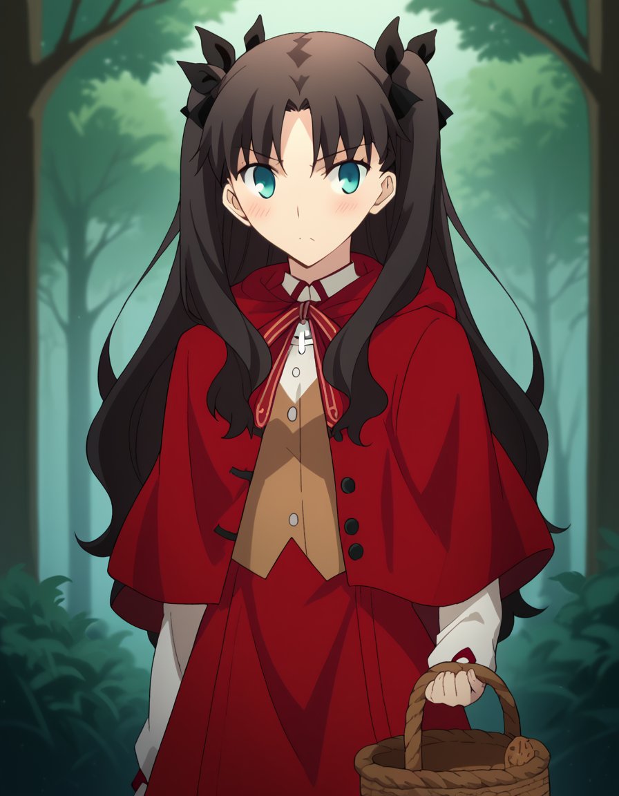 score_9, score_8_up, score_7_up, source_anime, rintohsaka, <lora:rin-tohsaka-ubw-ponyxl-lora-nochekaiser:1>, rin tohsaka, aqua eyes, black hair, hair ribbon, long hair, ribbon, sidelocks, two side up, parted bangs,, <lora:little-red-riding-hood-cosplay-ponyxl-lora-nochekaiser:1>, littleredridinghoodcosplay little red riding hood \(grim\) \(cosplay\), red hood, basket, hooded capelet, red capelet, holding basket, red cloak, hood,, landscape, forest, blush,, cowboy shot, dutch angle, solo,