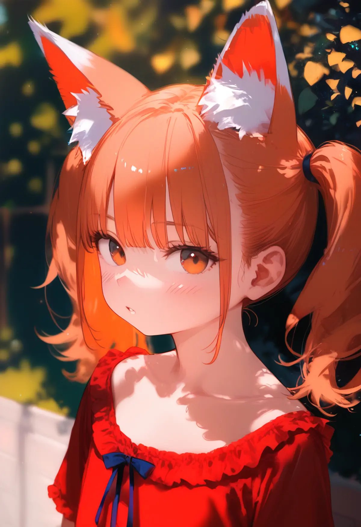 score_9, score_8_up, 1girl, animal ears, solo, twintails, animal ear fluff, looking at viewer, outdoors, upper body, fox ears, orange hair, blurry background, blurry, parted lips, blush, orange eyes, ribbon, shirt, neck ribbon, depth of field, fox girl, collarbone, day, red shirt, frills