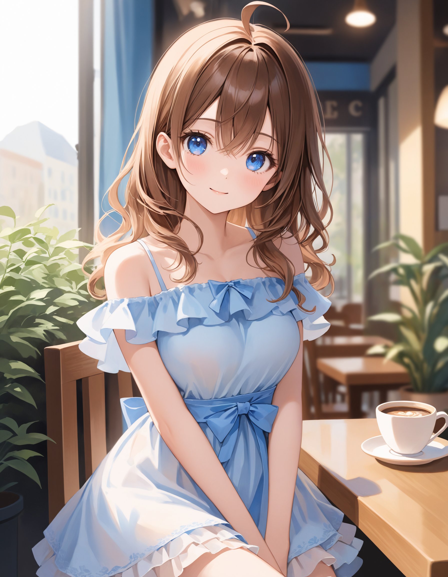 SceneDescription:   - Composition: Portrait. Shooting from front.   - Subject: A cute girl.     - Characteristics:       - Face: (Cute round face:1.2).       - Eyes: Detailed blue eyes.       - Hair: Wavy hair, high side ponytail, brown hair, ahoge and hair between eyes.       - Body: Detailed slender body. Medium breasts.       - Clothing: White chiffon a-line dress, flutter short sleeves, layered ruffled skirt and ribbon waist.       - Expression: Happy expression. Close mouth.       - Posing: Sitting on the chair. Head tilt. Looking at viewer.   - Background: Inside fashionable cute cafe.     - Elements: A cofee cup on the table. Decorative plants. Street view from window. Time: Daytime. Lighting: (Natural lighting:1.4). ArtStyle: Watercolor. Traditional media. Blurry. Pale pastel colors. Quality: Intricate details. Extremely detailed. Outstanding intricacies. (Masterpiece:1.2). (Best quality:1.2). (Absurdres absolutely resolution:1.4). Mood: Pastel atmosphere.