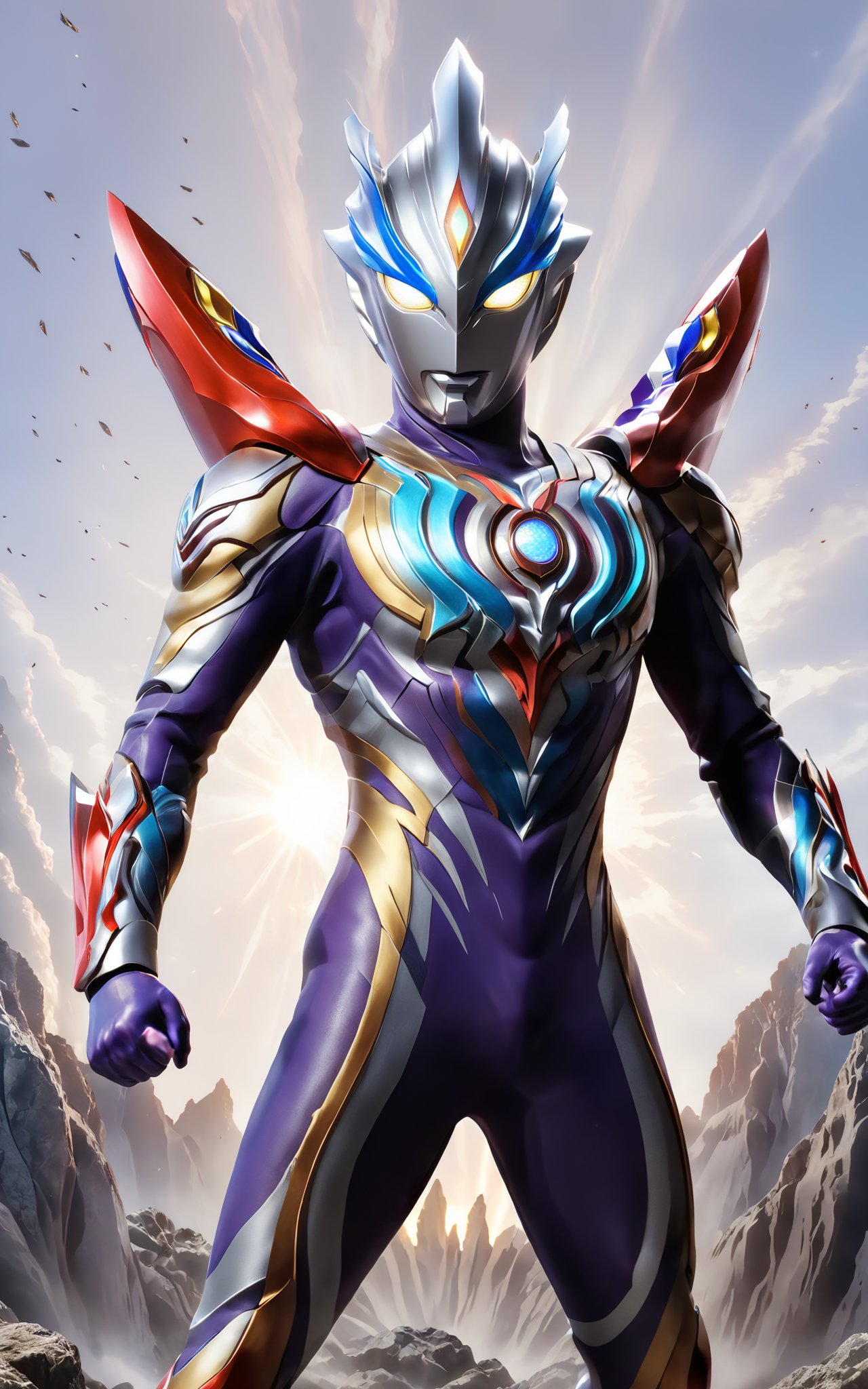 Ultraman, Cosmic Guardian, Light Bringer, Silver Stature, Bright Eyes, Superpowers, Light Beam Attack, Transforming Warrior, Evil Forces, Combative Challenges, Righteous Conviction, Unyielding Spirit.