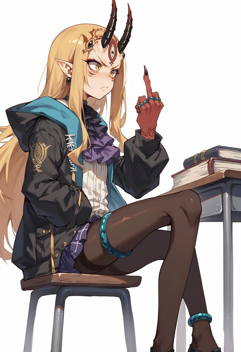 girl, long hair, blonde hair, sidelocks, yellow eyes, pointy ears, facial mark, tattoo, forehead mark, oni, horns, sharp fingernails, choker, ascot, hooded jacket, blouse, ring, checkered skirt, pantyhose, Thigh Strap, anklet, sitting, from side, desk, school, disgust, middle finger  <lora:Amiya_XL:1>  <lora:Ibaraki_Douji_XL:1>, score_9, score_8_up, score_7_up, score_6_up, score_5_up, score_4_up, BREAK source_anime, masterpiece