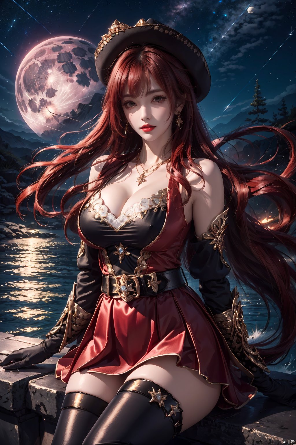 mhc, 1girl, breasts, solo, gloves, thighhighs, jewelry, long hair, hat, large breasts, cleavage, sitting, red hair, dress, night, looking at viewer, earrings, black gloves, belt, moon, bare shoulders, parted lips, black thighhighs, outdoors, star \(sky\), sky, very long hair, necklace, red lips, night sky, lips, arm support, red dress, shooting star, water, starry sky, bangs, detached sleeves, zettai ryouiki, brown hair<lora:EMS-372821-EMS:0.800000>