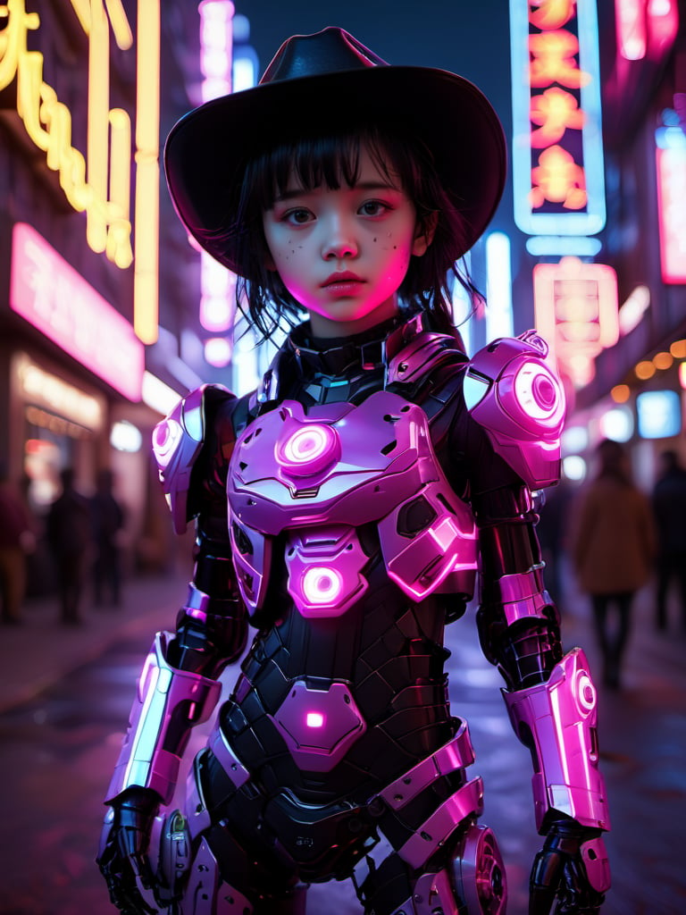 banlanz,1girl,black hair,realistic,looking at viewer,outdoors,neon lights,cowboy shot,closed mouth,standing,<lora:banlanz-1.5:1>,