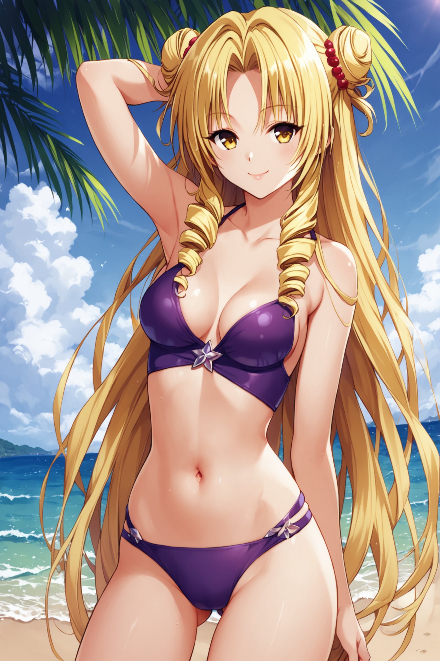 Tenjiuin Saki,1girl,solo,purple swimsuit,bikini,breasts,blonde hair,long hair,smile,navel,hair bun,medium breasts,double bun,bow,looking at viewer,ass visible through thighs,yellow eyes,collarbone,drill hair,bangs,thigh gap,standing,parted bangs,very long hair,ocean,tree,score_9,score_8_up,<lora:Yabuki Kentarou_XL_PONY_V2:0.8>,