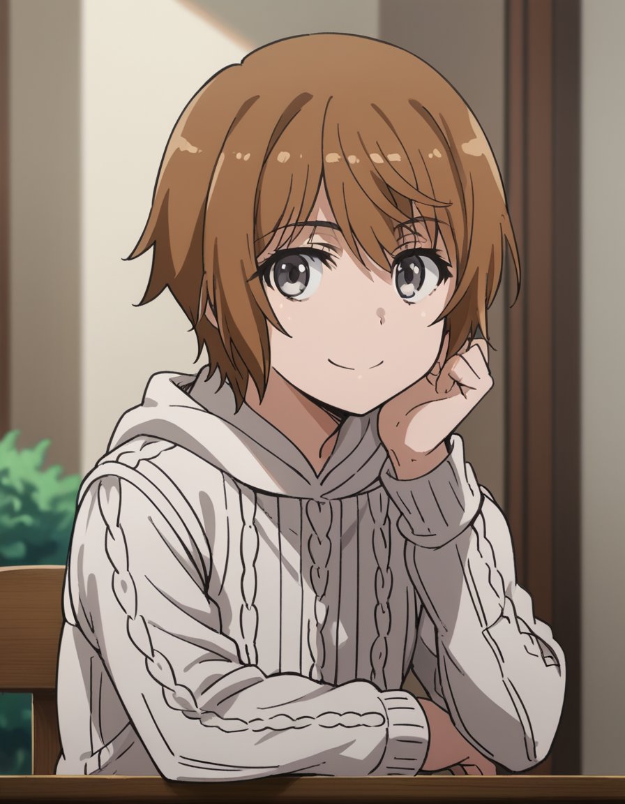 score_9, score_8_up, score_7_up, source_anime, <lora:saiai-kinuhata-s3-ponyxl-lora-nochekaiser:1>, saiai kinuhata, short hair, brown hair, grey eyes,, hood, sweater, hoodie,, indoors, smile, looking at viewer, solo, sitting, head rest, table,, cowboy shot, dutch angle