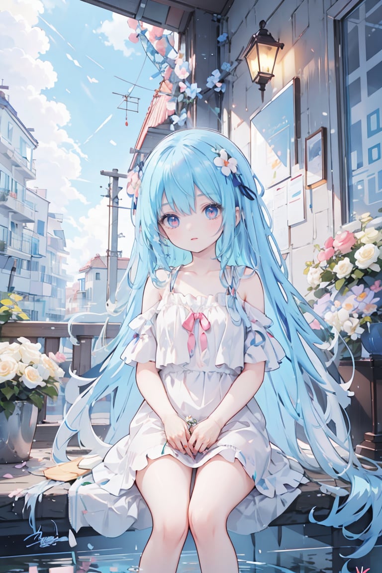 best quality, masterpiece, illustration, (reflection light), incredibly absurdres, (Movie Poster), (signature:1.3), (English text:1.3), 1girl, girl middle of flower, pure skyblue hair, red eyes, clear sky, outside, collarbone, loli, sitting, absurdly long hair, clear boundaries of the cloth, white dress, fantastic scenery, ground of flowers, thousand of flowers, colorful flowers, flowers around her, various flowers,