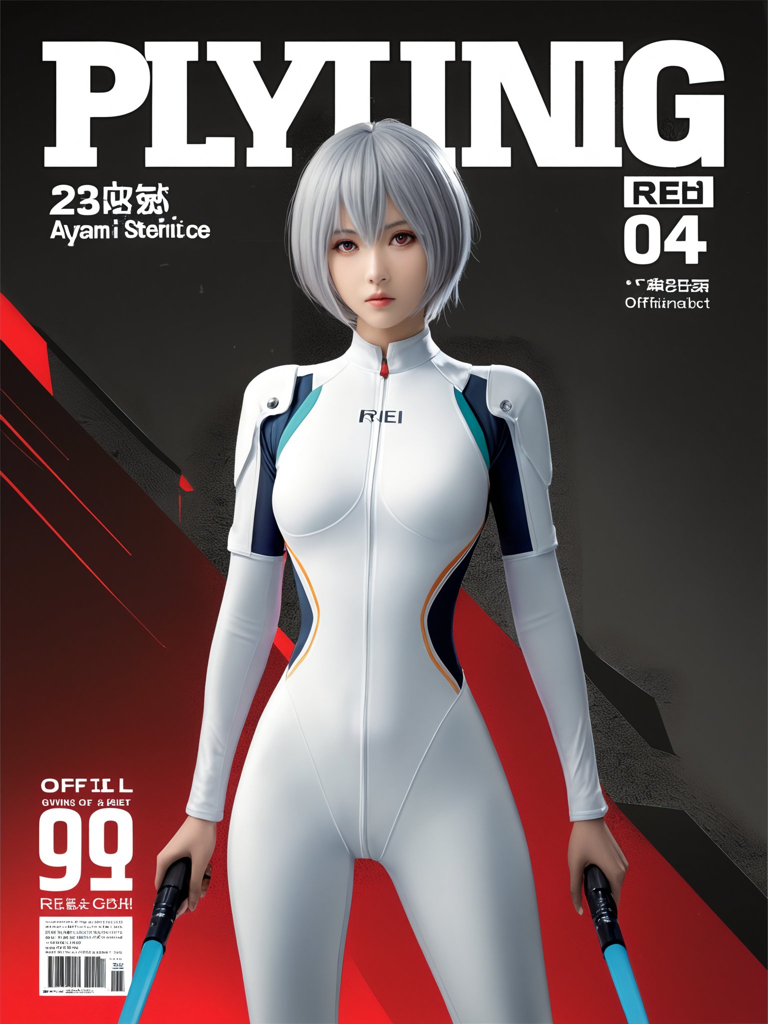 (masterpiece, best quality:1.2),AYANAMI REI,1girl,white bodysuit,00,A shot with tension,(Visual impact,giving the poster a dynamic and visually striking appearance:1.2),impactful picture,(masterpiece, best quality:1.2),offcial art,colorful,splash of color,movie perspective,advertising style,magazine cover,(full body:1.1),