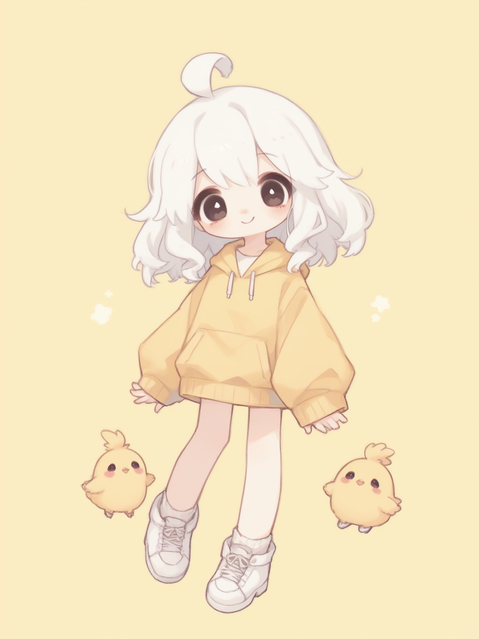 score_9, score_8_up, score_7_up, score_6_up, score_5_up, score_4_up, source_anime, rating_safe, 1girl, yellow background, chick, yellow hoodie, white hair, medium hair, white shoes, full body, ahoge, looking at viewer, smile,