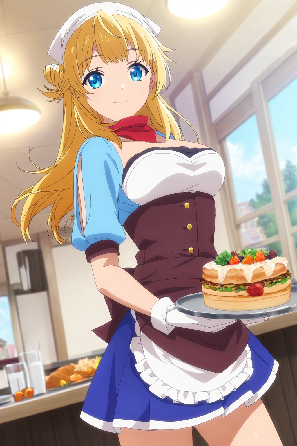 score_9, score_8_up, score_7_up, score_6_up, score_5_up, score_4_up, source_anime,ritto, single hair bun, 1girl, solo, smile, apron, blue shirt, blue skirt, frilled apron, frills, gloves, head scarf, shirt, short sleeves, skirt, uniform, waist apron, waitress, white apron, white gloves, food, tray, food tray, indoors, restaurant, looking at viewer, dutch angle, cowboy shot,masterpiece, perfect face, best quality, beautiful girl, cute girl, beautiful eyes, shiny eyes, anime coloring, anime screencap, absurdres, award winning, <lora:ritto s2 WAI 902:0.8>